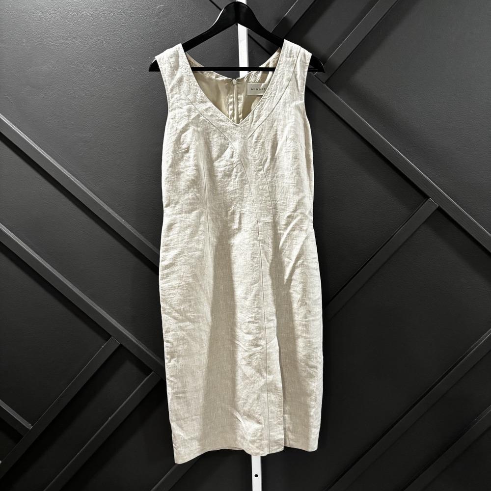 Minuet Womens Size US 6 UK 10 Ivory Linen Sleeveless V Neck Sheath Midi Dress